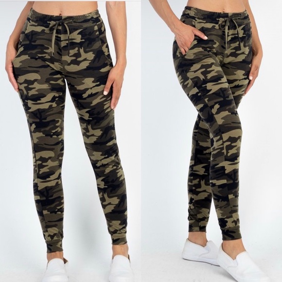 FRENCH TERRY CAMOUFLAGE Joggers w/ Pockets Elastic Waist Workout Sport Gym Pants - Picture 5 of 8